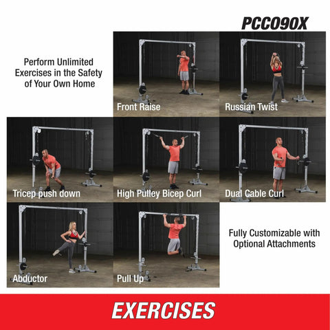 Beefy Heavy Duty Cable Crossover Machine For Home Gym Functional Trainer displaying various exercises like Front Raise and Tricep Push Down.