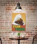 Old School Steam Locomotive Metal Sign Retro Steam Power Tin Wall Decor on brick wall in cafe, vibrant illustration, 16 x 12 inches