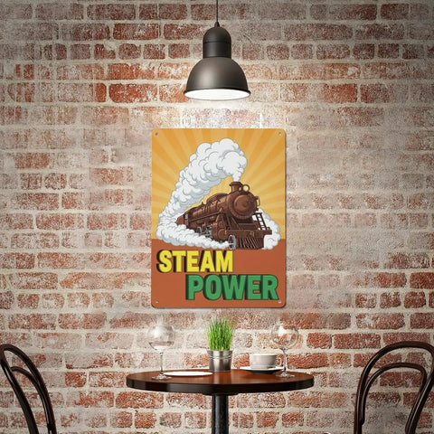 Old School Steam Locomotive Metal Sign Retro Steam Power Tin Wall Decor on brick wall in cafe, vibrant illustration, 16 x 12 inches
