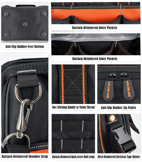 Detailed view of 13-Inch Pro-Grade Tool Carrier for Electricians showing reinforced pockets, handles, and anti-slip features.
