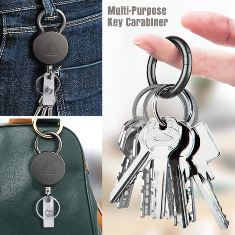 Two Pack Heavy Duty Metal Retractable Badge Holder Reels With Belt Clip And Waterproof Vertical Clear ID Card Holder Plus Two Extra Carabiner Key Ring Clips 30 Inch Dyneema Pull Cord Durable Office Access Kit on jeans and bag