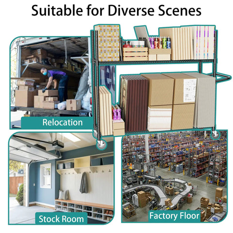 No Bull Heavy Duty Packing Station Cart With Fully Adjustable Height Steel Wire Shelving in relocation, stock room, and factory floor scenes.