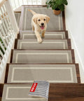 Soft Stair Treads 15 Pack Non Slip Carpet Mats 28x9 Inches For Indoor Wooden Stair Runners Kid And Pup Friendly Rugs 100 Percent Polyester With TPE Backing Beige shown on wooden steps with a puppy