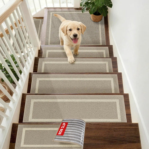 Soft Stair Treads 15 Pack Non Slip Carpet Mats 28x9 Inches For Indoor Wooden Stair Runners Kid And Pup Friendly Rugs 100 Percent Polyester With TPE Backing Beige shown on wooden steps with a puppy