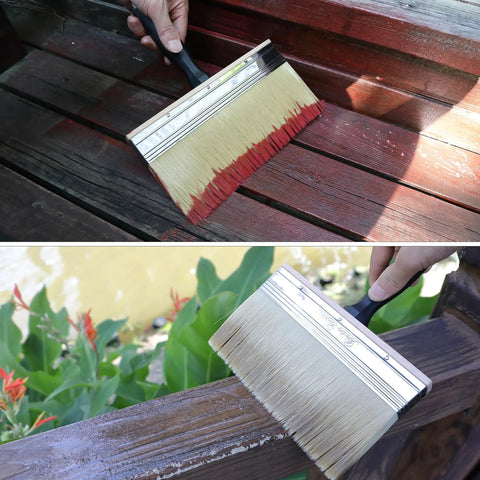 8 Inch Deck Stain Brush For Wood in use on outdoor surfaces showing wide head and dense synthetic bristles for fast coverage.