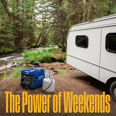 Dual Fuel 5000 Watt Portable Inverter Generator With Remote Start next to RV in forest setting, gas cylinder visible