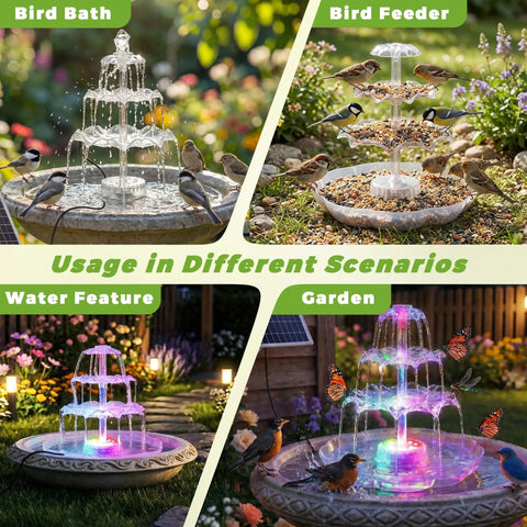 Collage showing 6.5W Solar Bird Bath Fountain With Lights as bird bath, bird feeder, water feature, and garden decor.