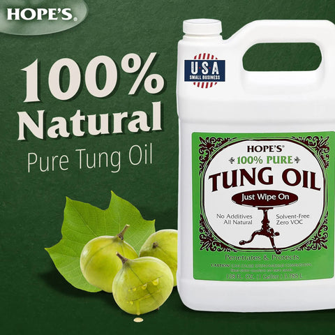 Label of 100 Percent Pure Tung Oil For Wood Finish And Sealer, Food Safe, 128 oz pack, bottle with green nature imagery.