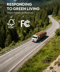 Truck carrying logs on a winding road through a forested landscape, promoting sustainable green living with FSC certification.