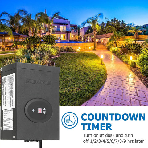 300W Low Voltage Landscape Lighting Transformer with Timer and Photocell in garden setting with countdown timer display