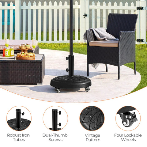 Heavy Duty Round Umbrella Base With 4 Lockable Rolling Wheels And 2 Knobs, 45 Lb Weatherproof Resin Iron Stand in garden setting
