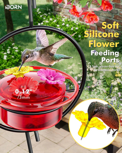 Three Pack Circular Hanging Hummingbird Feeders For Outdoors 3 Oz Mini Hummingbird Feeders With Silicone Ports Bee Proof 360 Degree Perch Ring So Several Birds Can Dine At Once In Your Backyard Garden featuring feeding ports with a hummingbird sipping nectar.