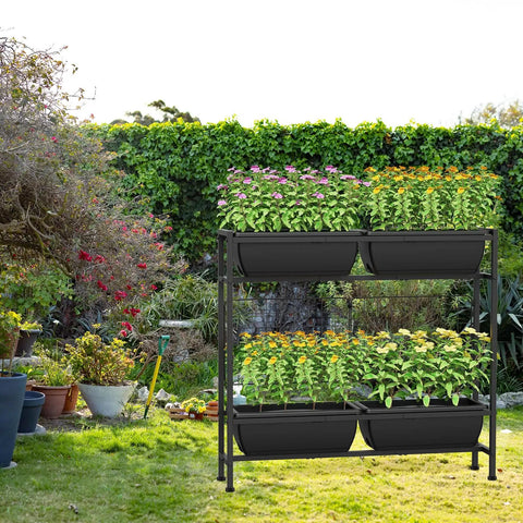 Raised Garden Bed With Legs, 32 Inch Elevated Planter Box For Veggies And Herbs, Includes Drainage Holes, Trellis, And Four Plastic Planting Stations, Great For Balcony Or Patio, Outdoor Black, shown in garden setting.