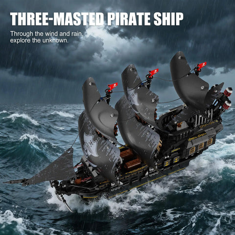 Pirate Ship Building Set With Lights 2288 Piece Three Masted Model That Works With Lego, black ABS plastic pirate ship on stormy sea