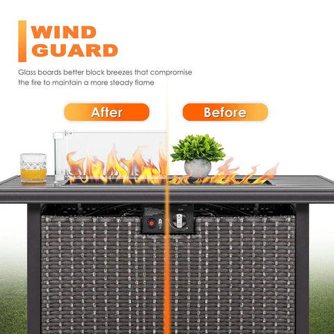 Rectangular Fire Pit Wind Guard For 52 Inch Tables, 27.6 X 11.7 X 6.5 Inches, Transparent Tempered Glass, Before After Use