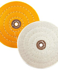 Grind Ready Buffing Wheels For Bench Grinders Set Of Two Six Inch Pads Half Inch Center Hole, yellow firm and white soft pads.