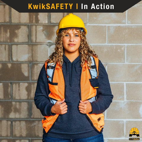 High Visibility Womens Safety Vest Class 2 Reflective Construction Workwear Yellow Medium featuring utility pockets worn by a woman on site.