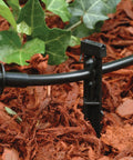 Close-up of Patio Drip Irrigation Kit With Faucet Connection, 42-Piece Set, one-quarter inch tubing in garden mulch with plants.