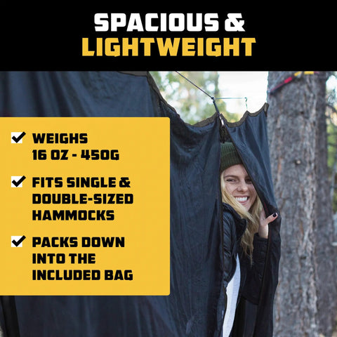Hammock Bug Net With Universal Fit For Single Or Double Setups, lightweight design shown in use with person peeking out
