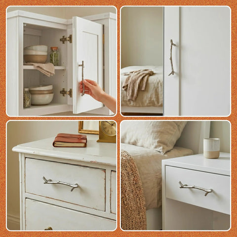 10 Pack Zinc Alloy Twig Branch Cabinet Knob Set In Silver Decorative Pull Handles on cabinets and drawers in room settings