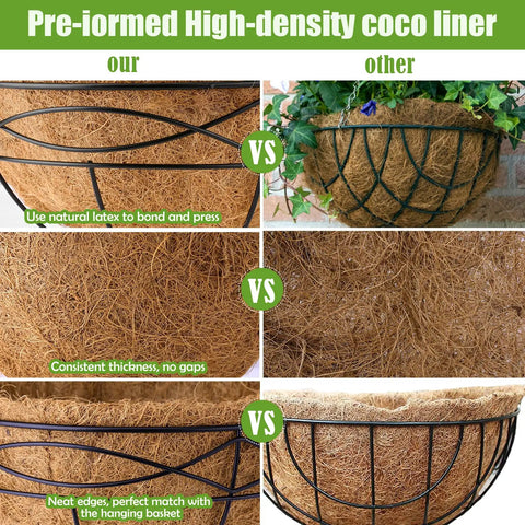 Comparison of pre-formed high-density coco liner with 2 Pack 16 Inch Round Coco Liners For Hanging Baskets And Plant Pots Natural Coconut Fiber Liners For Outdoor Gardens Breathable Coir Liners That Retain Water Like A Pro For Healthy Roots And Happy Plants