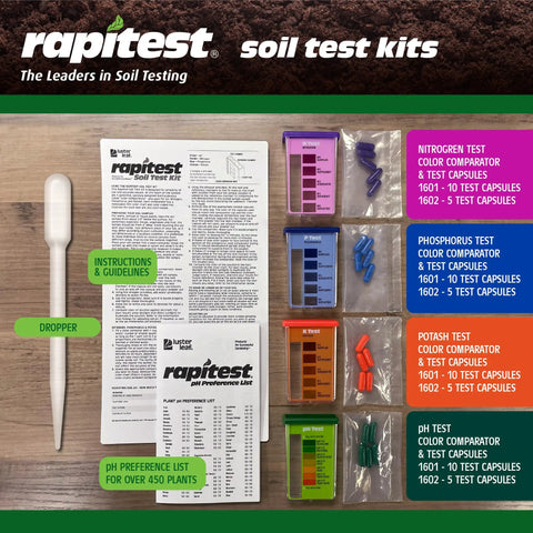 Easy At Home DIY Soil Test Kit For Gardens Veggies Flowers And Lawns With Quick Accurate pH And NPK Analysis including instructions, capsules, and dropper.