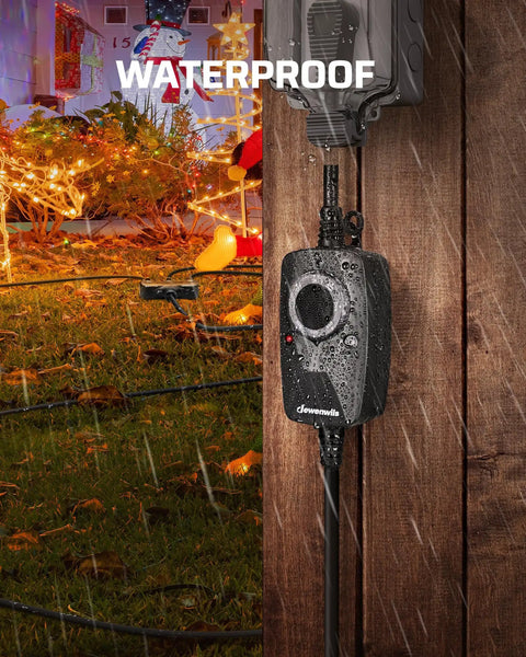 Top Tier Outdoor Weatherproof Light Timer Featuring Built In Daylight Detector and Flexible Dusk To Dawn or Custom Hour Schedules for Backyard Scapes with a Hassle Free Plug and Play 12 Foot Extension Cord in the rain.