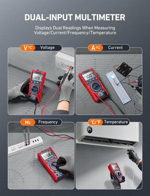 True RMS 6000 Counts Auto Ranging Digital Multimeter measuring voltage, current, frequency, and temperature in four images.