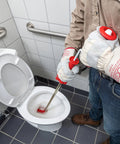 Heavy Duty Toilet Auger With Bulb Head Snake And Pro Clog Remover For Modern Low Flow Toilets in action, clearing a toilet.