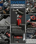 Air Die Grinder With Adjustable Swivel Head And 20000 RPM Pro Grade Portable Pneumatic Tool For Porting Weld Prep And Auto Detailing Quarter Inch Collet Variable Angle Grip displayed with features and uses.