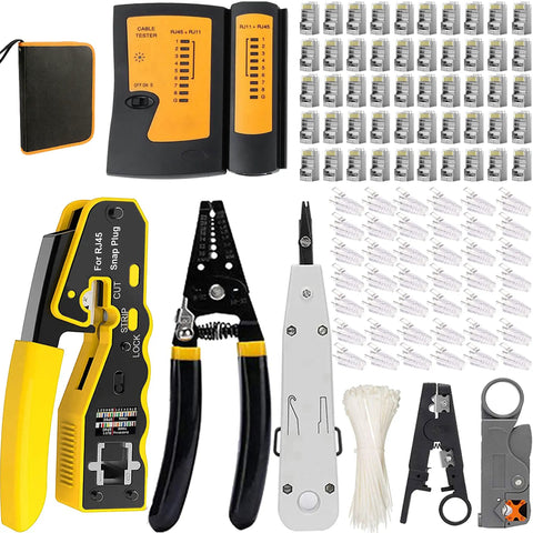 Heavy Duty Cat5e Cat6 Crimp Tool Set For RJ45 RJ11 RJ12 Wiring With Wire Cutter Stripper Pliers And Built In Tester All In One Network Maintenance Kit For Home Office Tech Pros Pro Grade Gear, showing complete tool components