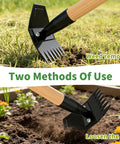 Long Bamboo Handle Weed Puller Tool 2 In 1 Garden Hoe And Weed Remover with steel rake in use, showing weed removal and soil loosening.