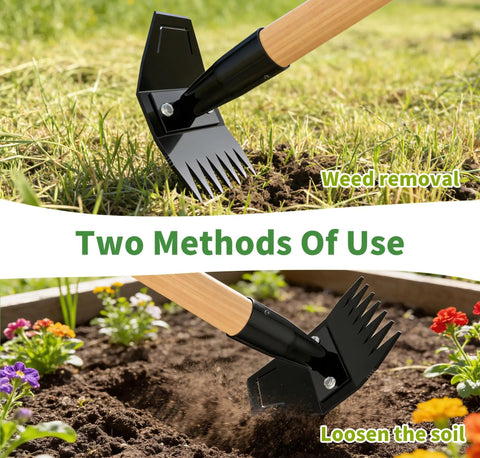 Long Bamboo Handle Weed Puller Tool 2 In 1 Garden Hoe And Weed Remover with steel rake in use, showing weed removal and soil loosening.