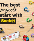 Various Scotch tapes and scissors displayed on wooden surface with text: 'The best projects start with Scotch Brand'
