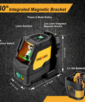 Pro Grade Green Beam Laser Level With Tripod For Construction And Tile Work, IP54 Tough Build, shown with dimensions and features.