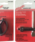 Milwaukee chuck key and holder displayed in packaging for drill adjustments.