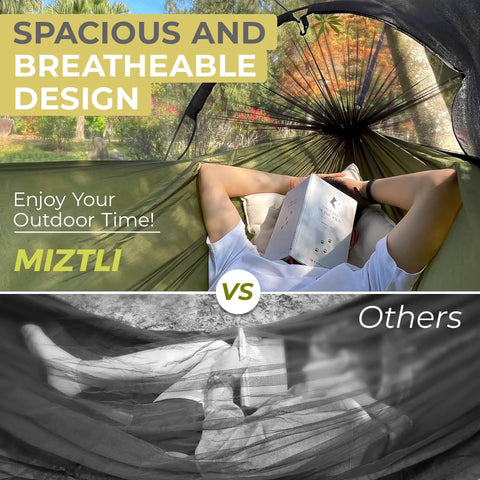 Person relaxing in camping hammock with mosquito net, green spacious design, focus keyword: Camping Hammock With Mosquito Net Tent Like Portable Outdoor Hammock For One To Two People.