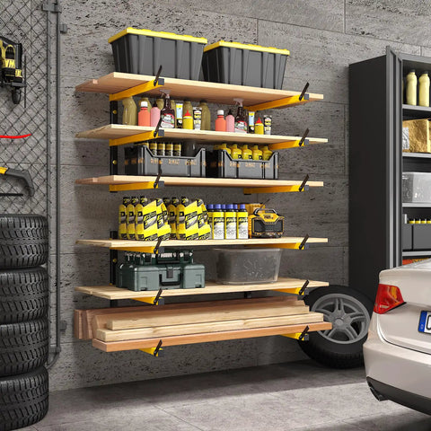 Heavy Duty Folding Lumber Storage Rack 3 Level Wall Mounted Metal Organizer For Garage Woodworking Shop Indoor Outdoor Use Yellow 4 Pairs