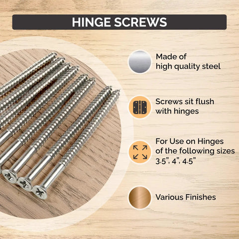 Premium Satin Nickel Wood Screws For Door Hinges And Cabinet DIY Projects Flat Head Phillips Drive Screw Pack with flush fit and steel design.
