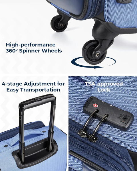 Carry On Luggage For Air Travel 20 Inch Softside Spinner Suitcase with 360° wheels and TSA-approved lock, blue color details
