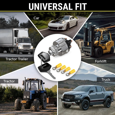 4 Position Ignition Switch For 12V Vehicles And Equipment ACC Off Run Start Heavy Duty 30A Zinc Die Cast Construction in car, truck, forklift, tractor trailer, and tractor images