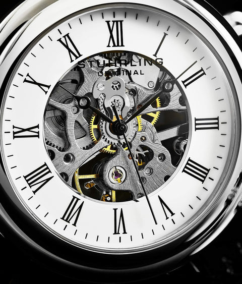 Close-up of dual-sided dial on Men's Skeleton Pocket Watch With Hand Wind Mechanical Movement Stainless Steel Case And 12 Inch Chain With Belt Clip Dual Sided Dial With Roman Numerals Krysterna Crystal Old School Analog Timepiece.