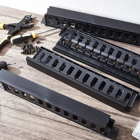 4 Pack 1U Rack Cable Management Sleeves Kit With Horizontal Mount Clips, 12 Slot Organizer, panel cover on wooden table