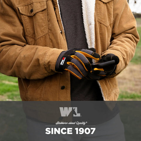 Person wearing FX3 Men's Work Gloves With Dexterity And Synthetic Leather Palm Reinforced Fingertips, outdoor setting