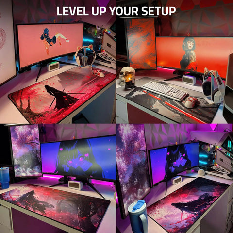 XXL Anime Gaming Mouse Pad 35.4 x 15.7 Inch Desk Mat With Water Resistant Surface And Stitched Edges showcasing desk setup
