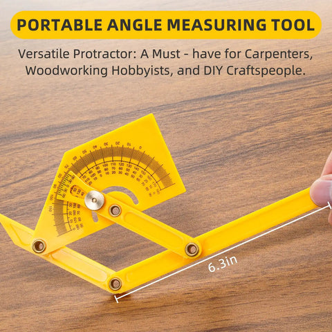Adjustable Protractor Angle Finder Two Pack measures 0 to 180 degrees, portable yellow angle tool for woodworking and DIY tasks.