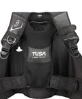 Front view of Liberator BCD With AWLS III And RiteTite Harness for stability and smooth buoyancy, Medium size, black, TUSA logo visible.