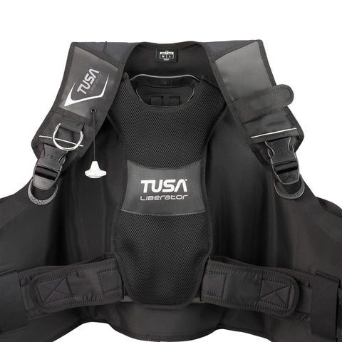 Front view of Liberator BCD With AWLS III And RiteTite Harness for stability and smooth buoyancy, Medium size, black, TUSA logo visible.