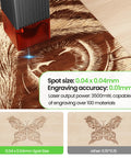 Close-up of 3500mW Desktop Laser Engraver with Ultra Fine 0.04x0.04mm Spot demonstrating precision on wood.