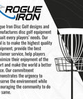 Rogue Iron Disc Golf basket and logo with mission statement text about equipment quality and environmental commitment.